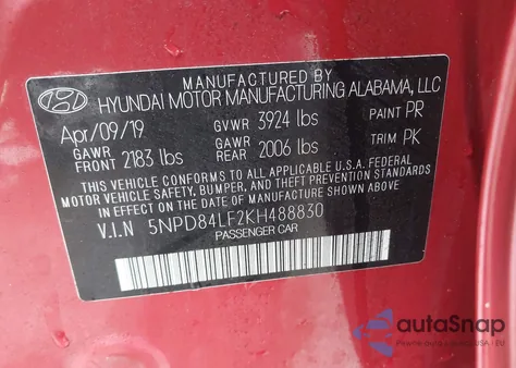 2019 Hyundai Elantra Sel z USA, uszkodzony, nr VIN 5NPD84LF2KH488830